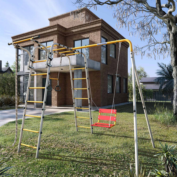 картинка Детский спортивный комплекс для дачи ROMANA Веселая лужайка - 2 (желтый/серый) от магазина Лазалка